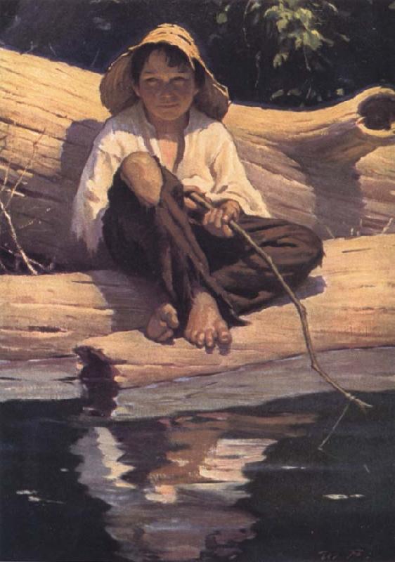 Worth Brehm Forntispiece illustration for The Adventures of Huckleberry Finn by mark Twain oil painting image